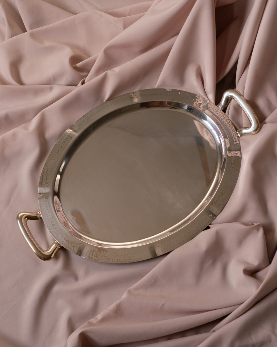 Vintažinis sidabru dengtas, ovalo formos vintažinis padėklas