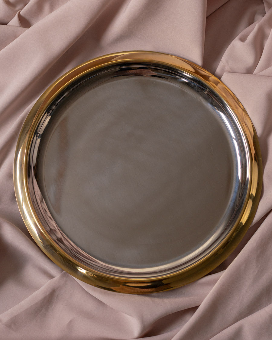 Didelis vintažinis apvalus padėklas su paauksavimu